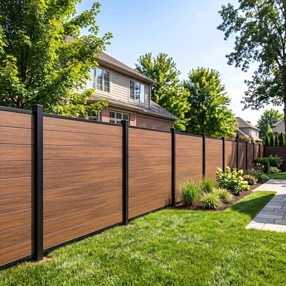 Modern composite privacy fence in residential backyard
